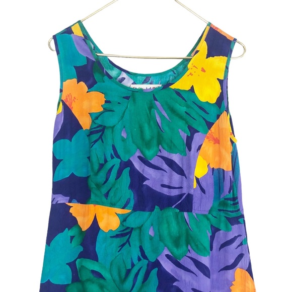 VINTAGE Jams World Tropical Floral “Bisctera” Print Midi Tank Dress Side Slit - Picture 2 of 10